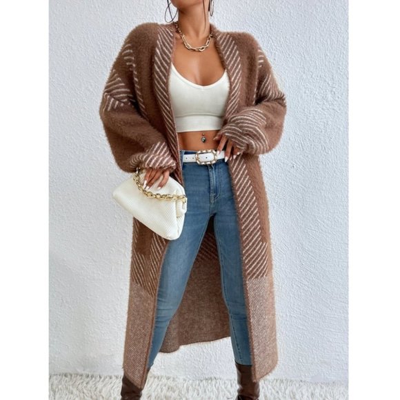 . Sweaters - Open front striped print fuzzy sweater knit duster cardigan brown